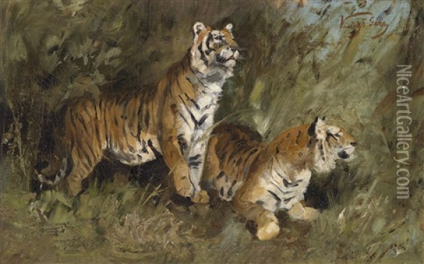 Tiger Im Hohen Gras Oil Painting - Geza Vastagh