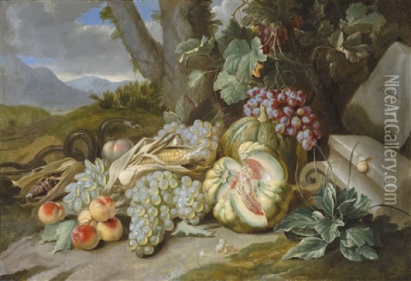Melons, Grapes, Peaches And Corn With A Snake, In A Landscape Oil Painting - Alexander Coosemans