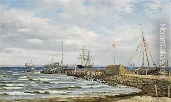 Skibe Ud For Humlebaek, I Forgrunden Stenmole Oil Painting - Carl Emil Baagoe