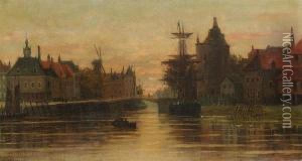 Dutch City View With Canal At Sunset Oil Painting - Leon Valckenaere