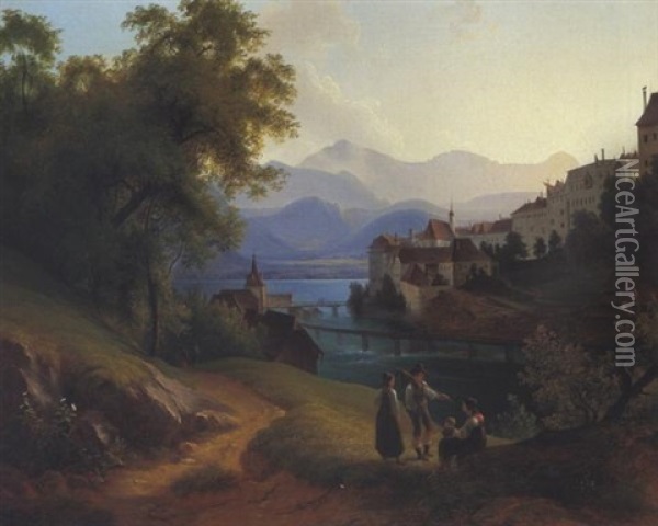 Ansicht Einer Stadt Am Flus In Den Voralpen Oil Painting - Johann Fischbach