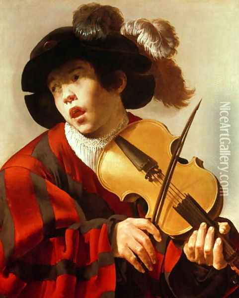 Boy Playing Stringed Instrument and Singing 1627 Oil Painting - Hendrick Terbrugghen