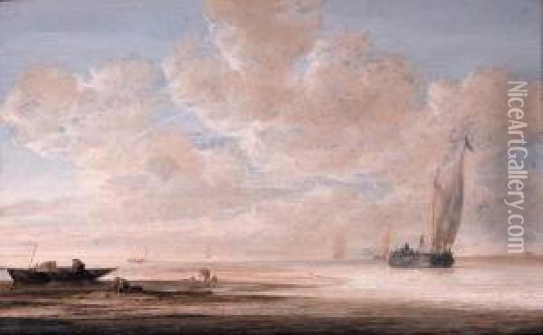 A Calm: Fishermen At Work On A 
Sandbank With A Wijdschipapproaching A Harbour Nearby, Other Shipping 
Beyond, At Dawn Oil Painting - Simon De Vlieger