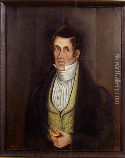 Portrait Of Man With White Pleated Shirt And Stock With Yellow Patterned Vest, Depicted Holding A Fig Oil Painting - Asahel Lynde Powers