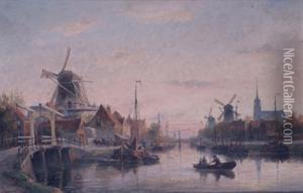 Evening At Maassluis Holland Oil Painting - Cornelis Christiaan Dommersen