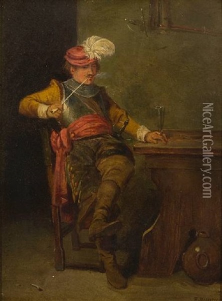 A Cavalier Smoking A Pipe In A Tavern Oil Painting - Edgar Bundy