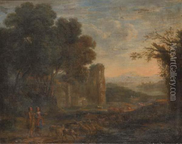 A Landscape With A Shepherd And Shepherdess With Their Flock Oil Painting - Claude Lorrain (Gellee)