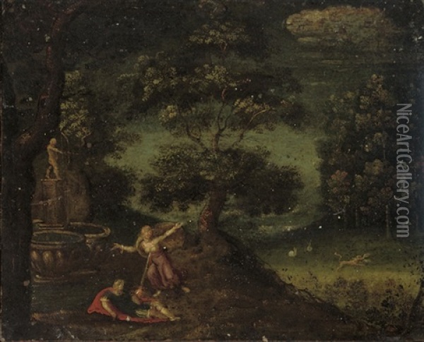 A Forest Landscape With Pyramus And Thisbe Oil Painting - Christoffel van den Berge