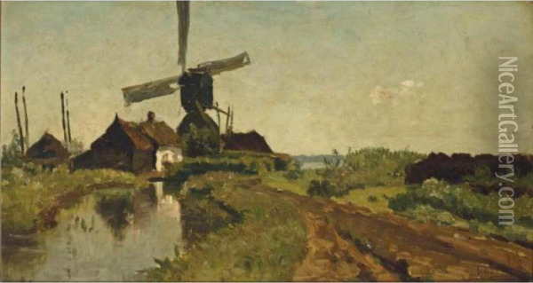 A Windmill In A Polder Landscape Oil Painting - Paul Joseph Constantine Gabriel