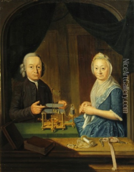 A Portrait Of A Man And Woman, Seated In An Alcove, The Man Pointing To A Scientific Instrument And The Woman Knitting Oil Painting - Nikolaas Pieneman