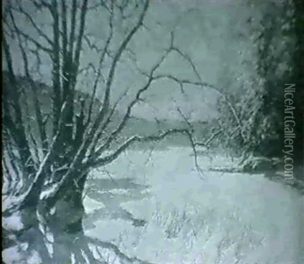 Vintermansken - Landskap Med Trad Vid Vatten Oil Painting - Edvard Rosenberg