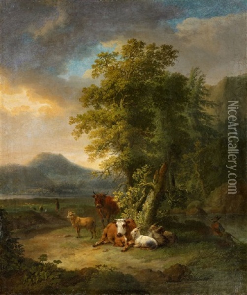Landschaft Mit Tieren Unter Einem Baum Oil Painting - Jacob Philipp Hackert