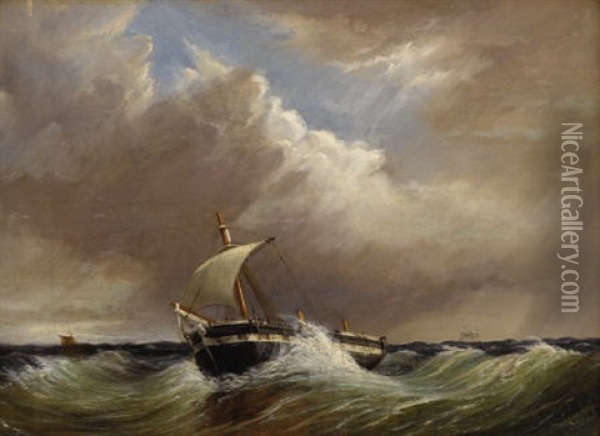 Untitled (seascape With Single-mast Fishing Vessel) Oil Painting - Thomas H. Hair