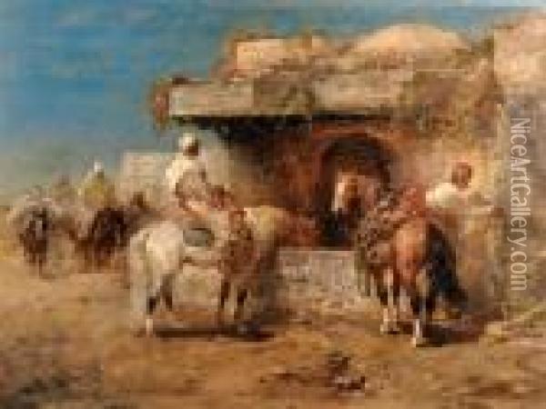 Bedouins At The Watering Hole Oil Painting - Adolf Schreyer