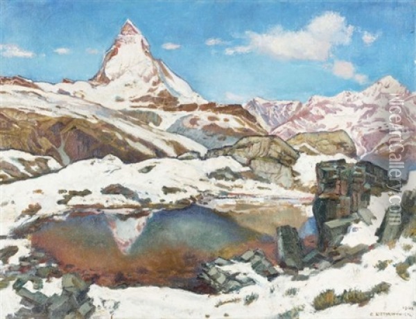Cervain Au Petit Lac (the Matterhorn At A Little Lake) Oil Painting - Charles L'Eplattenier