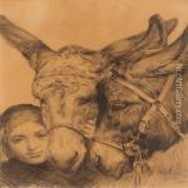 Girl With Donkeys Oil Painting - Niels Pedersen Mols