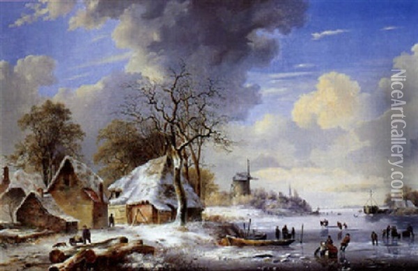 Paysage De Riviere Gelee Dans La Campagne Hollandaise Oil Painting - Nicolaas Johannes Roosenboom