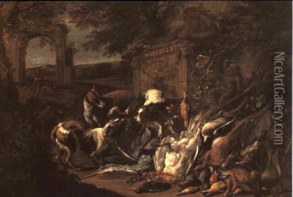 An Italinate Landscape With A Hunt Still Life With Hounds   Fighting Over Game... Oil Painting - Adriaen de Gryef