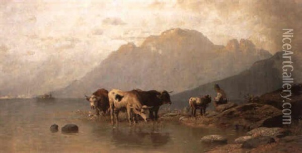 Huterbub Mit Kuhen Am Ufer Des Bergsees Oil Painting - Christian Friedrich Mali