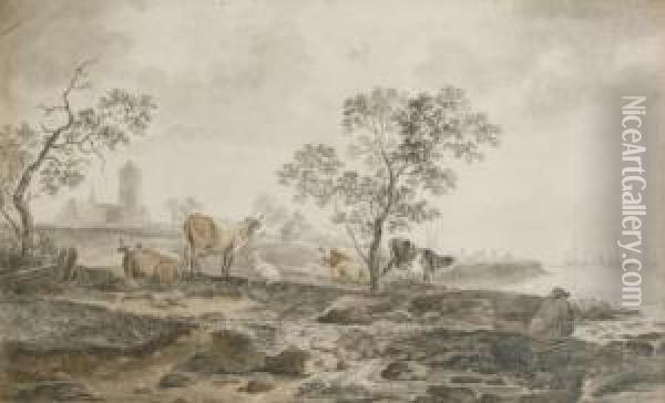 A River Landscape With A 
Herdsman Resting And Cows Grazing Near The Banks, A Church Beyond Oil Painting - Hendrick Willelm Schweickhardt