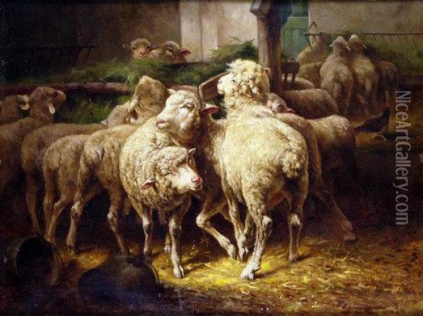 Feeding Time, Barn Interior With Sheep Oil Painting - Antonio Milone