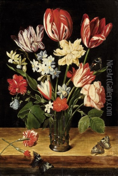 Blumenstilleben Mit Tulpen, Akelei Und Rosen In Einem Romerglas Oil Painting - Osias Beert the Elder