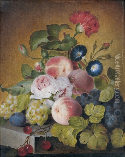 Fruchtestillleben Mit Pfingstrosen, Nelken Und Primeln Oil Painting - Andreas Theodor Mattenheimer