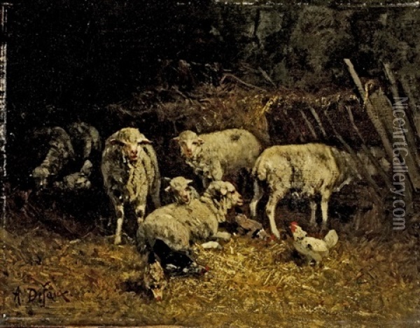 Stallinneres Mit Schafen Und Huhnern Oil Painting - Alexandre Defaux