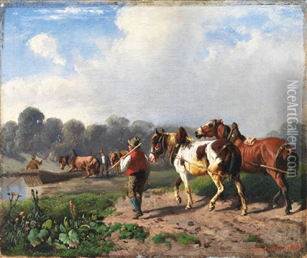Pferde Werden Mit Einem Boot Ubergesetzt Oil Painting - Ludwig Hartmann