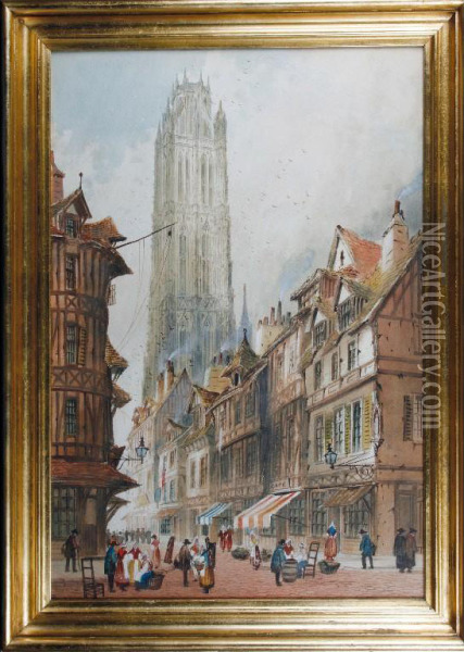 A Tudor Street With A Cathedral In The Background Oil Painting - Paul Braddon