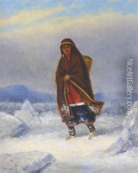 Indian Woman In A Winter Landscape Oil Painting - Cornelius David Krieghoff