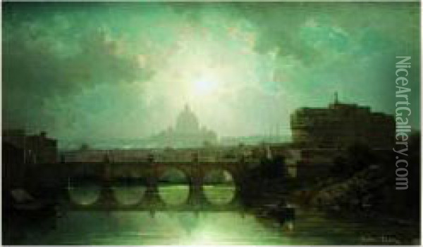 Clair De Lune Sur Le Tibre Avec Le Chateau Saint Ange Et Saint Pierre De Rome Oil Painting - Antoine Ponthus-Cinier
