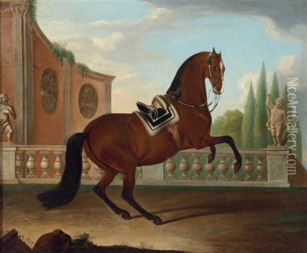 A Bay Horse From An Imperial Stud In The Levade Oil Painting - Johann Leopold Deyssinger