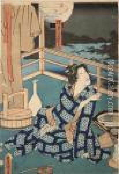 On A Balcony Drinking Sake Oil Painting - Utagawa Toyokuni Iii