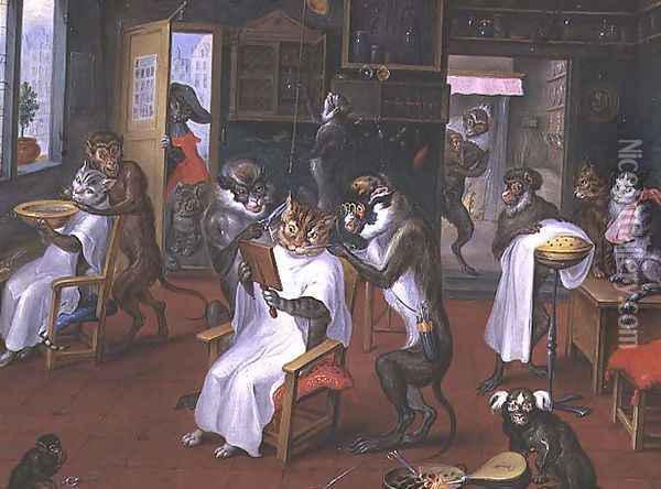 Barbers shop with Monkeys and Cats Oil Painting - Abraham Teniers