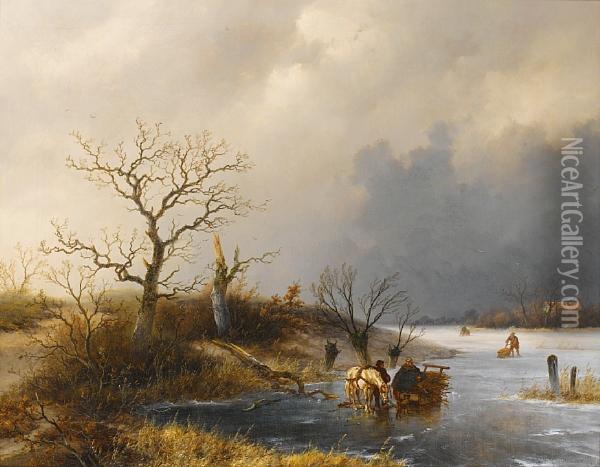 Winter Landscape With Skaters On A Frozenriver Oil Painting - Johannes Franciscus Hoppenbrouwers