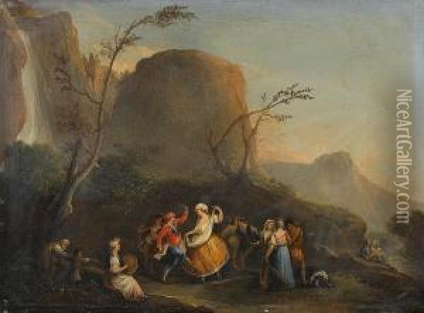Figures Dancing Besides A River Under A Waterfall; And Peasants Merrymaking In An Inn Oil Painting - Pietro Fabris
