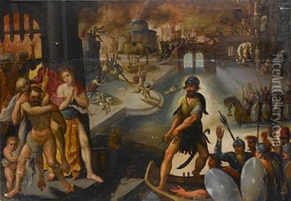 Aeneas And Anchises Fleeing The Burning City Of Troy Oil Painting - Jakob Isaacsz Swanenburgh
