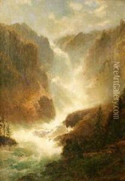 Tosender Wasserfall Im Gebirge Mit Baumstaffage Oil Painting - Hermann Schmidt