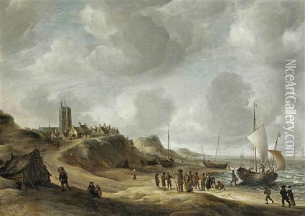 A View Of Egmond Aan Zee With Fisherfolk On The Beach And Shipping Offshore Oil Painting - Jan Abrahamsz. Beerstraten