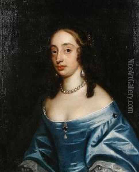 Portrait Of A Lady, Half-length, In A Blue Dress And Pearl Necklace Oil Painting - Gerard Soest