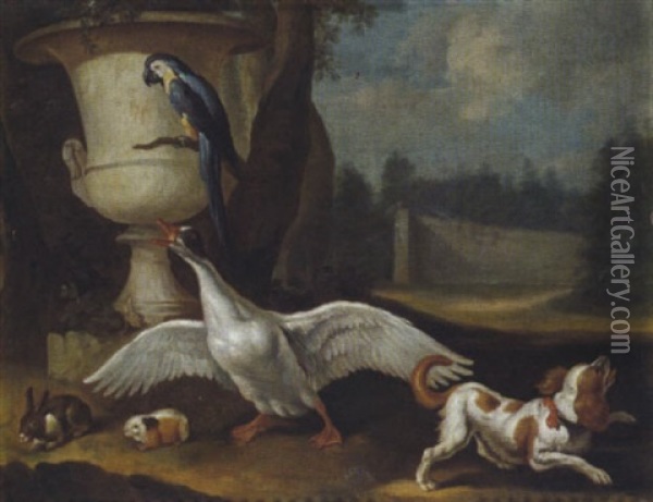 Eine Ente, Ein King Charles Hund Und Ein Papagei In Einem Schlospark Oil Painting - Philipp Ferdinand de Hamilton