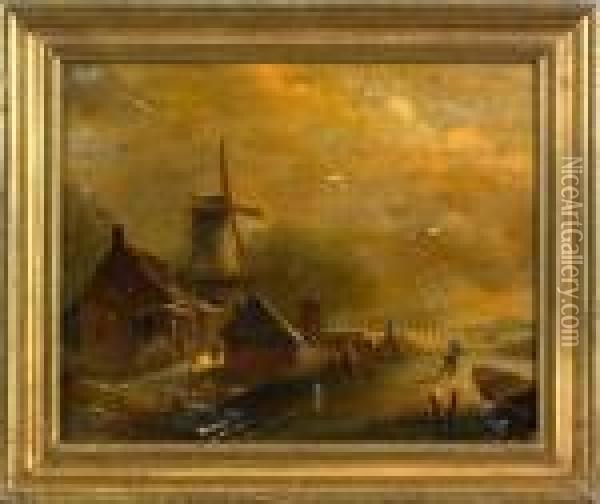 Landscape With Windmill Oil Painting - Andreas Schelfhout