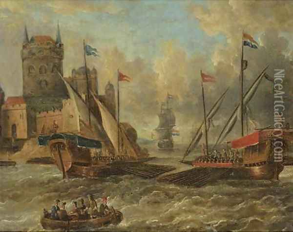 Two galleons and other shipping in choppy waters, by a city gate Oil Painting - Petrus van der Velden
