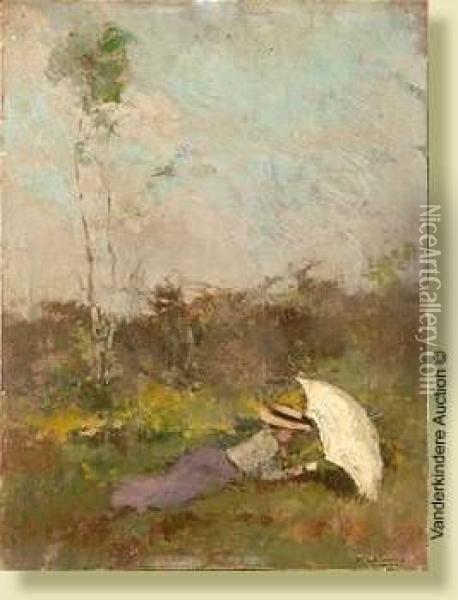 Jeune Fille A L'ombrelle Allongee Dans Le Pre Oil Painting - Ernst Jean Joseph Godfrinon