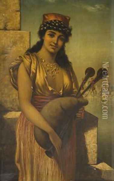 Girl with Bagpipes Oil Painting - Edwin Longsden Long