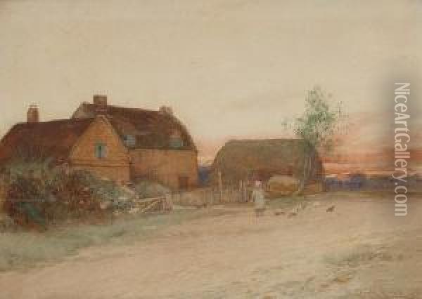A Farmstead At Sunset. Oil Painting - Leopold Rivers