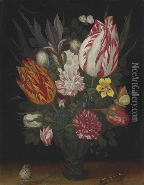 Tulips, Carnations, An Iris, A Dog Rose, A Cyclamen, Roses, A Pansy And Other Flowers In A Roemer With A Caterpillar And A Butterfly Oil Painting - Balthasar Van Der Ast
