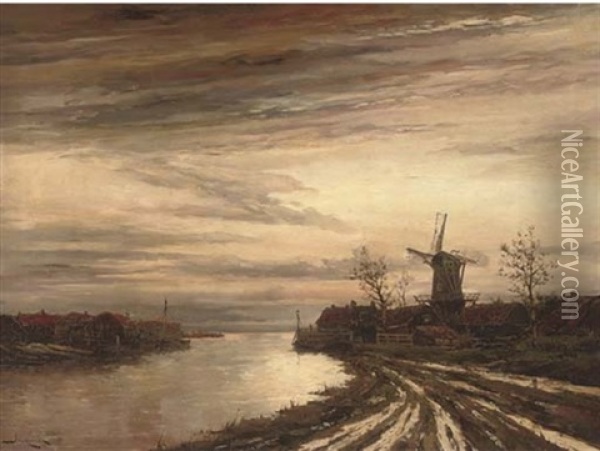 A Dutch Canal Town At Dusk Oil Painting - Hermanus Koekkoek the Younger