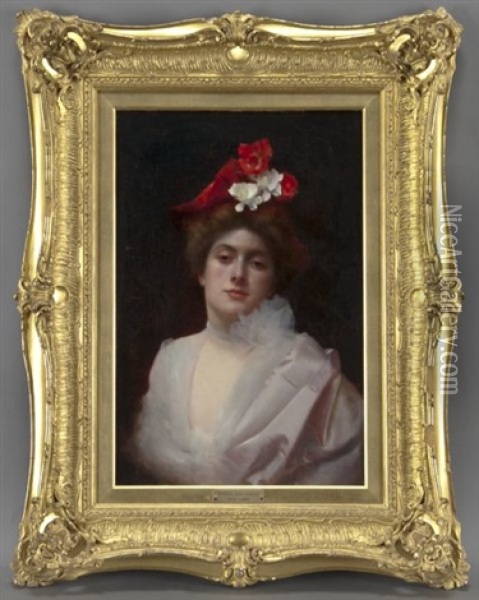 Le Chapeau Rouge Aux Fleurs Oil Painting - Gustave Jean Jacquet